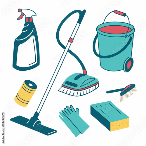 Colorful cleaning tools and supplies icons set for household chores