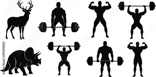 Weightlifting and Bodybuilder Silhouette Set with Muscular Men, Barbell Exercises, Strength Training Poses, and Animal Power Symbols for Fitness and Gym Designs