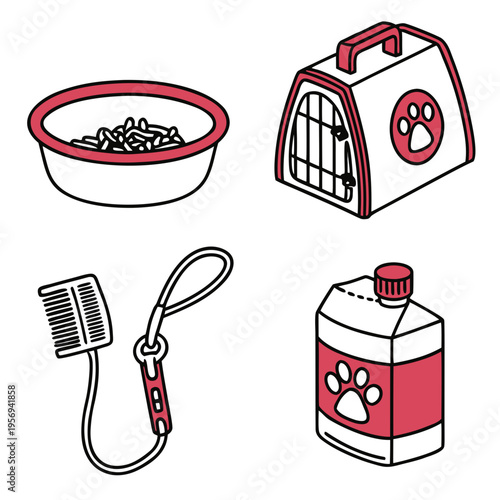 Pet care supplies grooming travel and animal accessories icons