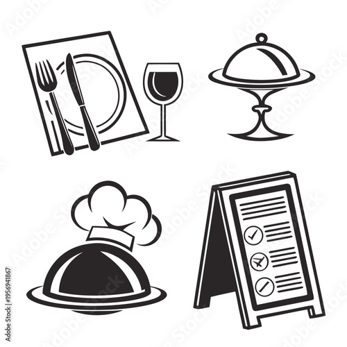 Restaurant dining food service and hospitality monochrome icons