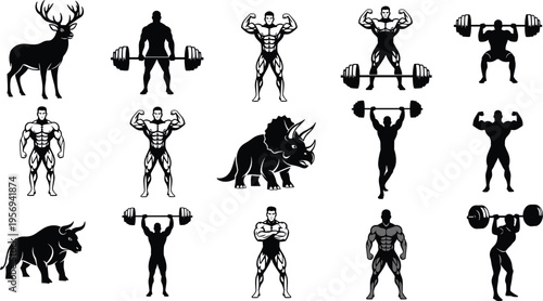 Bodybuilder and Weightlifting Silhouette Set with Muscular Men, Gym Exercises, Strength Training Poses, and Animal Power Symbols for Fitness and Sports Design