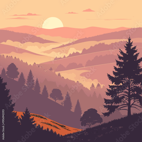 Sunset over rolling hills with pine trees | nature landscape vector illustration