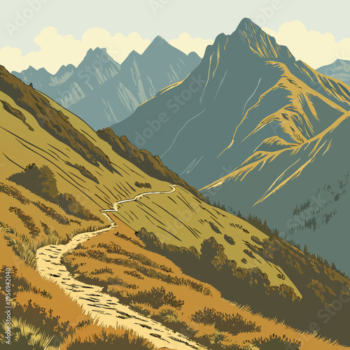 Winding mountain trail path | rocky hills nature landscape view