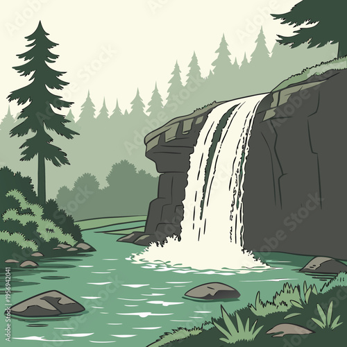 Forest waterfall cliff and river | nature wilderness vector scenery