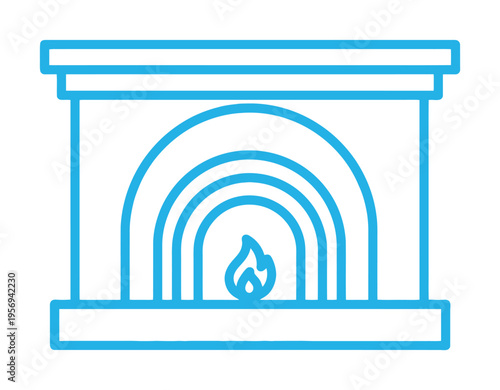Blue vector of a classic fireplace with a lit flame in the center