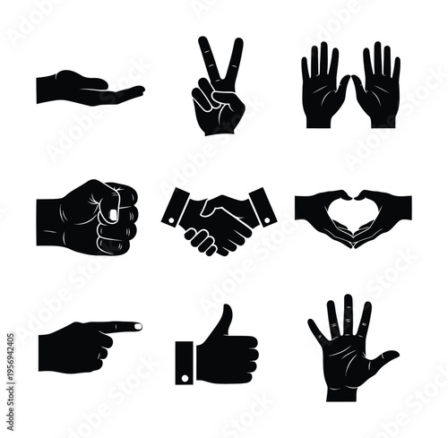 Vector featuring various hand gestures including peace, thumbs up, and heart shapes