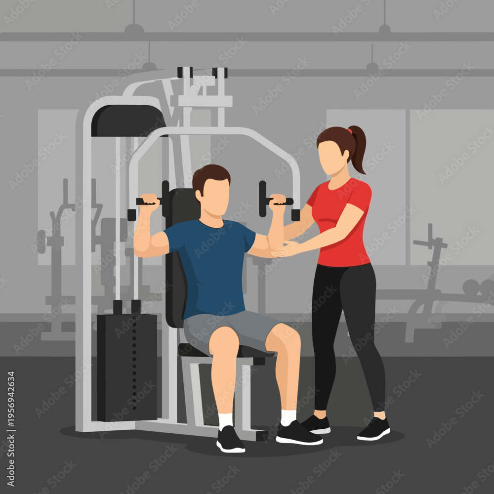 Fototapeta premium Personal trainer guiding man on chest press machine in gym