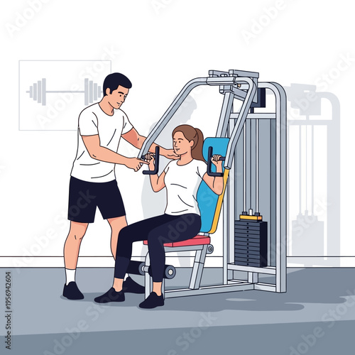 Personal Trainer Assisting Woman Using Chest Press Machine in Gym