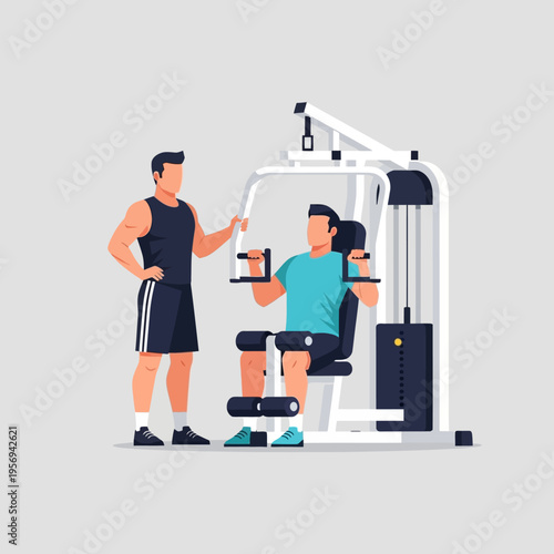 Personal trainer guiding man on chest press machine in gym, fitness workout