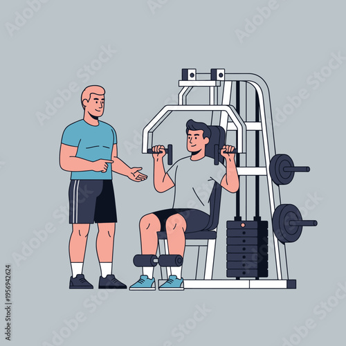 Personal trainer guiding man on chest press machine in gym