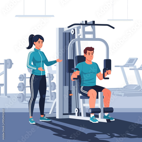 Personal trainer guiding man on chest press machine in modern gym