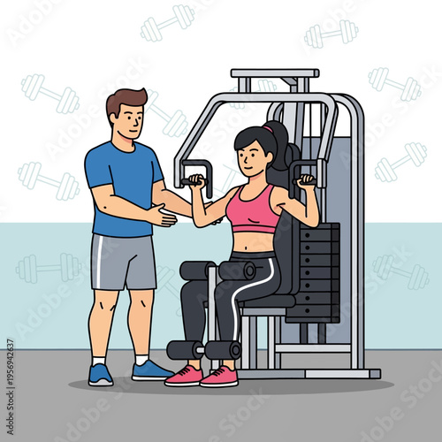 Personal trainer guiding woman exercising on gym machine, fitness workout session