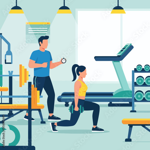 Personal trainer guiding woman doing lunges with dumbbells in a modern gym with treadmill