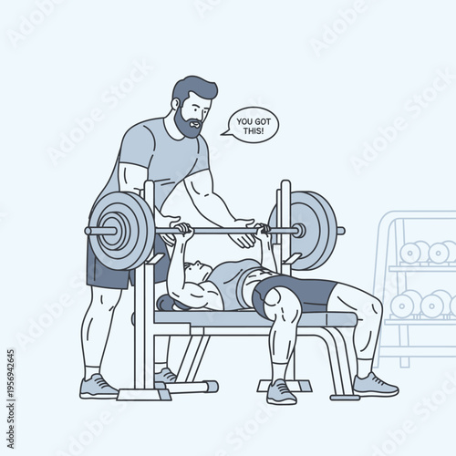 Personal trainer spotting woman lifting barbell on bench press in gym