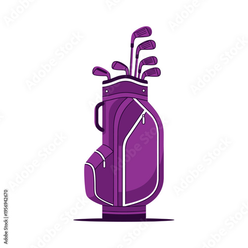 Purple Golf Bag Full of Clubs on White Background, Sports Equipment Illustration