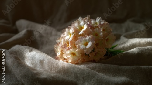 Bouquet Resting on Linen Fabric With Visible Fibers and Folds in Soft Diffused Light From a Top-Down Angle