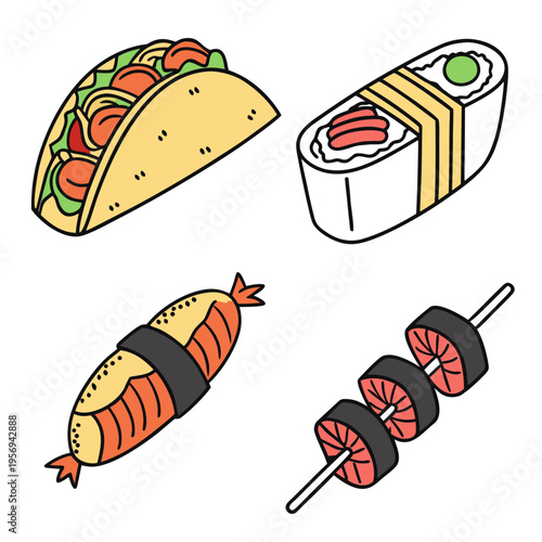 Colorful cartoon sushi and mexican food taco maki roll ebi tempura yakitori