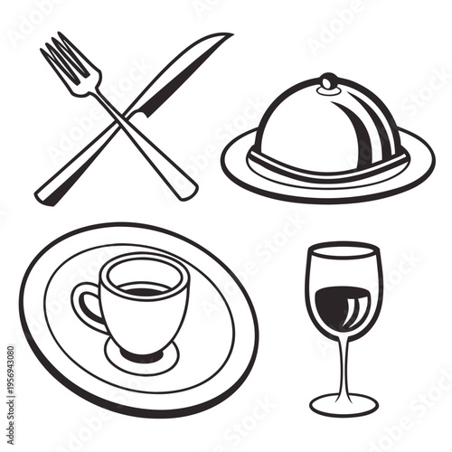Simple black restaurant food utensils plate wine glass cloche