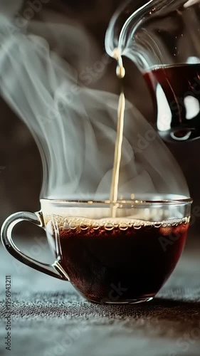 Pouring Hot Coffee Into Glass Cup, Steaming Beverage