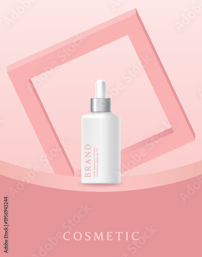 Cosmetics and skin care product ads template on pink geometrical  background.
