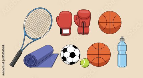 Sports Equipment Assortment: Tennis, Boxing, Basketball, Soccer, Yoga Mat, Water Bottle