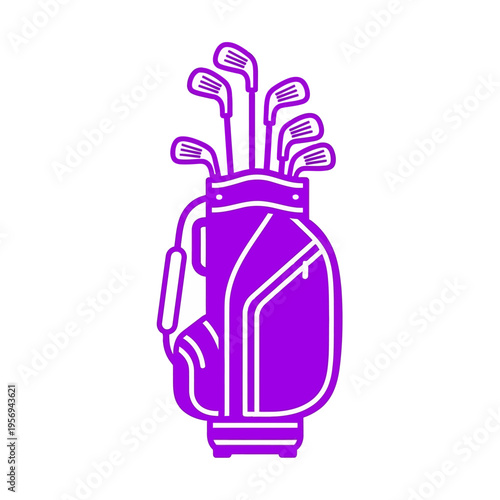 Purple golf bag with clubs, minimalist icon, white background
