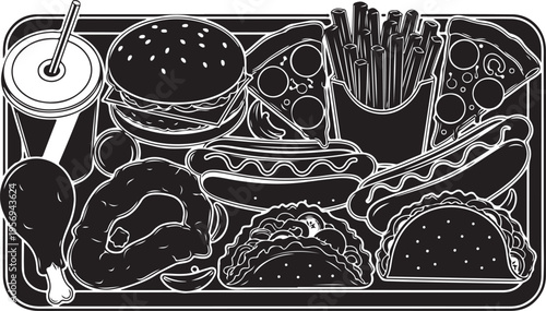 Variety of Fast Food Items on a Tray Illustration