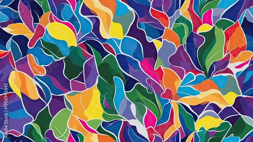 A vibrant and colorful abstract artwork featuring various leaf shapes