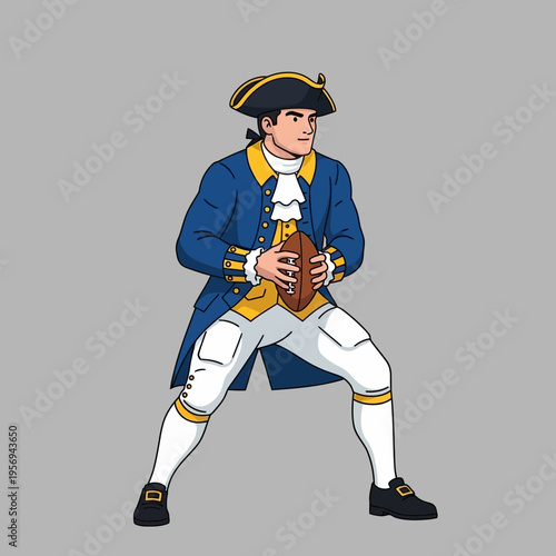 Revolutionary War Patriot Holding American Football in Blue Uniform