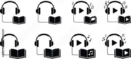 A collection of black icons featuring headphones and open books for audio learning and education