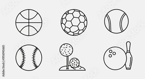Set of Six Sports Balls Icons: Basketball, Soccer, Tennis, Baseball, Golf, Bowling
