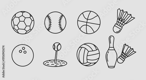 Set of sports equipment icons: soccer ball, baseball, basketball, shuttlecock, bowling ball, golf ball, volleyball, bowling pin