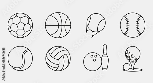 Set of Sports Balls and Equipment Icons, Vector Illustration