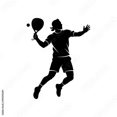 Silhouette of a male tennis player jumping to hit a forehand shot with a ball in motion