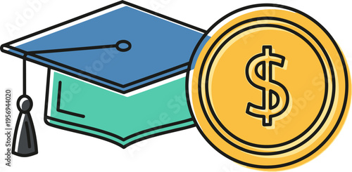 Illustration depicting a blue graduation cap with a tassel next to a golden coin featuring a dollar sign, symbolizing education costs and financial investment.