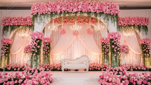 A luxurious wedding stage decorated with pink roses and white drapes