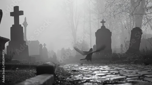 Crow Taking Flight in Foggy Graveyard Black and White