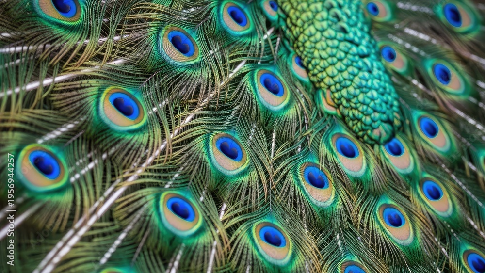 Obraz premium A vibrant peacock displays its stunning colorful feathers and intricate patterns