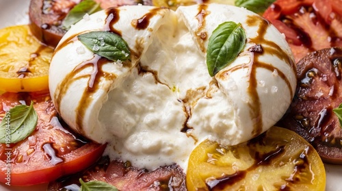 Burrata Delight: An artistic arrangement of creamy burrata cheese, sliced heirloom tomatoes, and fresh basil leaves, drizzled with balsamic glaze.