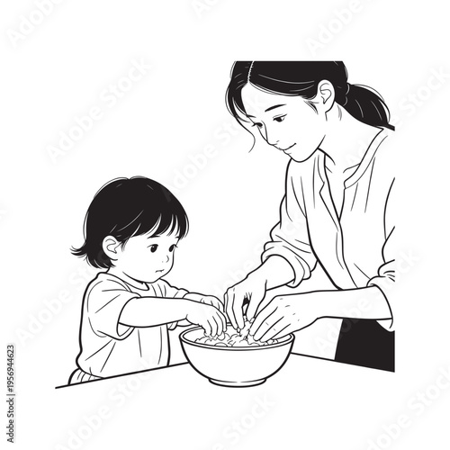 Mother and child cooking together black and white line art family activity vector illustration