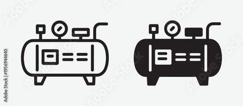 Black and white line art illustration of two portable air compressors side by side on a neutral background