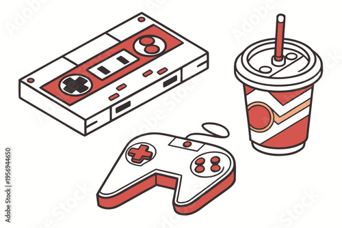 Red and white game controller cassette and soda cup retro