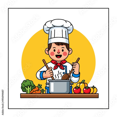 Happy Chef Cooking Delicious Food in Kitchen with Vegetables