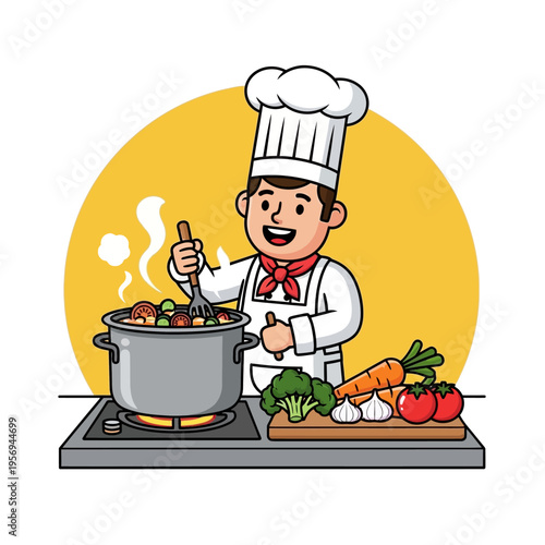 Happy Chef Cooking Delicious Food in Pot with Vegetables on Stove