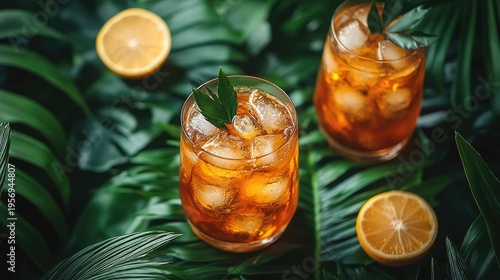Iced cocktails with lemon and leaves on green tropical leaves background. Use it for drink promotions, summer themes, or exotic vacation images.