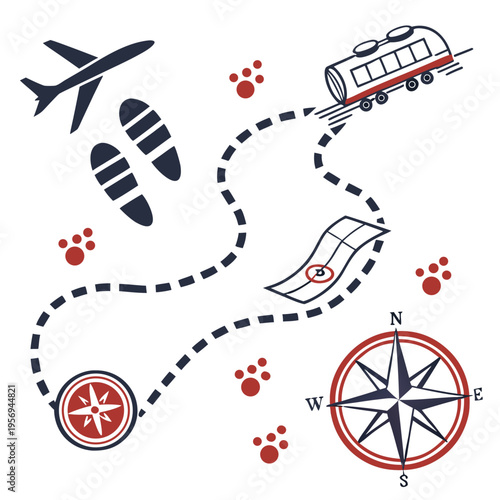Travel with airplane, train, compass and paw prints