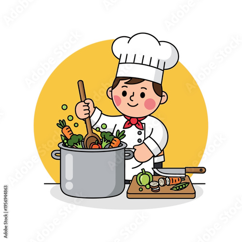 Happy Chef Cooking Healthy Vegetables in Pot, Food Preparation, Culinary Art