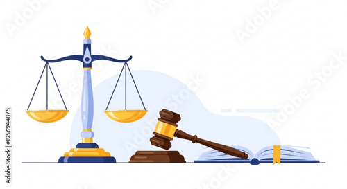 Symbolizing justice and legal proceedings with a balanced set of scales a wooden gavel resting on a block and an open law book all set against a soft abstract background