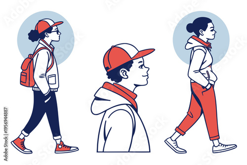 People walking and wearing red caps and hoodies colorful