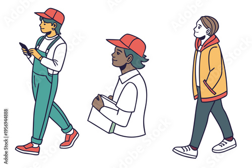 People walking and wearing red caps and jackets colorful